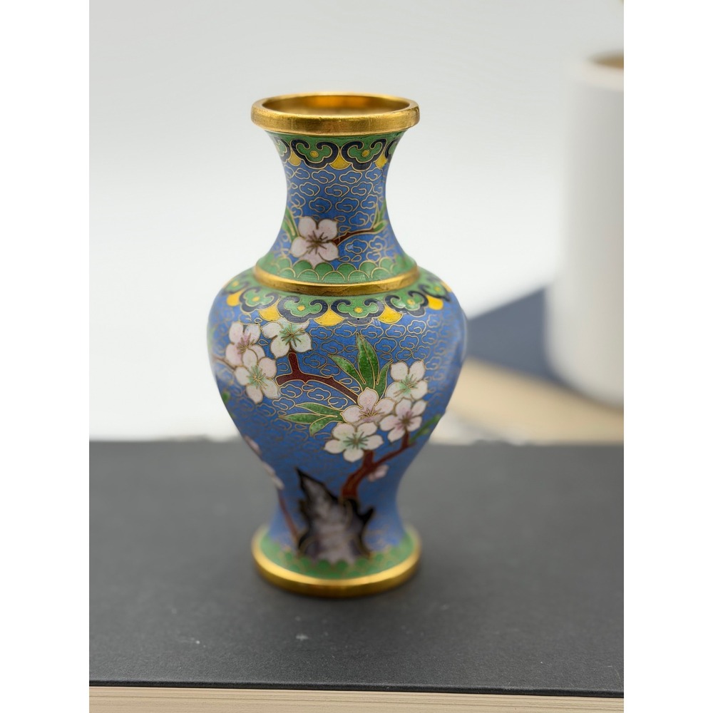 Vintage Cloisonne Bud Vase Periwinkle Blue Cherry Blossom Brass Enamel Floral 5"